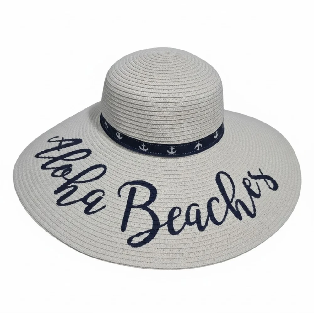 Coastalista Wide Brim Straw Sun Hat with Navy Script NWT OS
